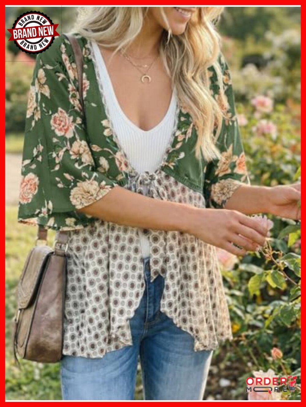 Tie Front Kimono Cardigan Floral Lightweight Ruffle 3/4 Sleeve Boho Beach Cover - Picture 4 of 6
